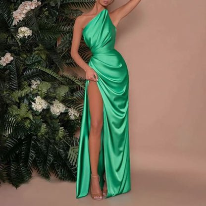 Sleeveless One Shoulder Plain Ruched Slit Sheath Evening Gown