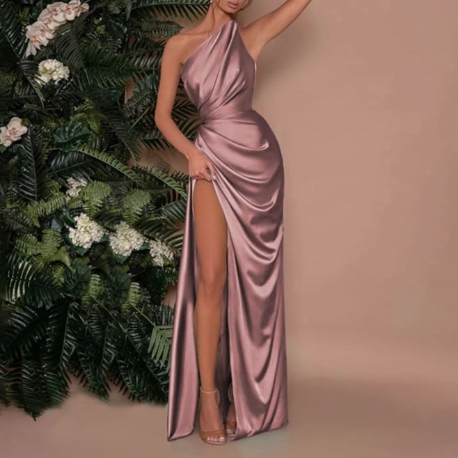 Sleeveless One Shoulder Plain Ruched Slit Sheath Evening Gown
