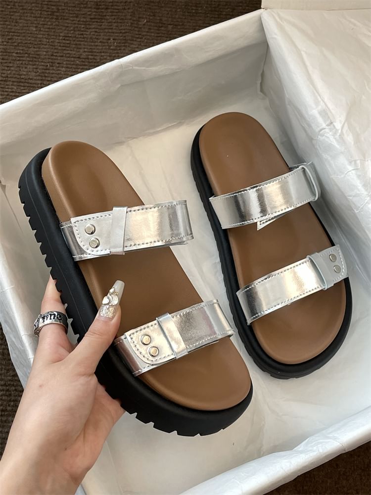 Platform Plain Faux Leather Slide Sandals