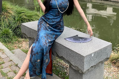 Sleeveless Floral Print Keyhole Maxi Sheath Qipao / Plain Fringe Shawl