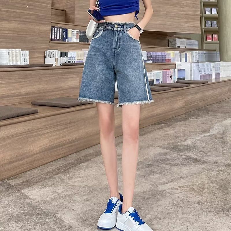 High Waist Frayed Denim Shorts