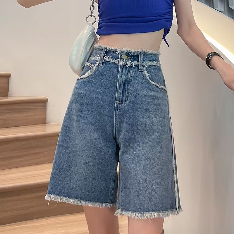 High Waist Frayed Denim Shorts