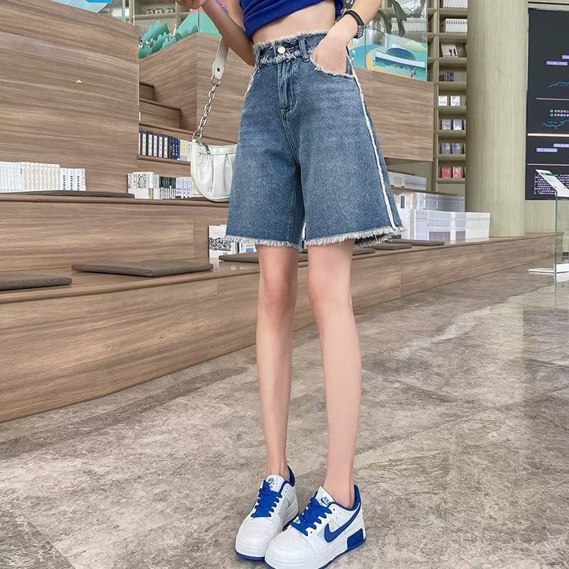 High Waist Frayed Denim Shorts