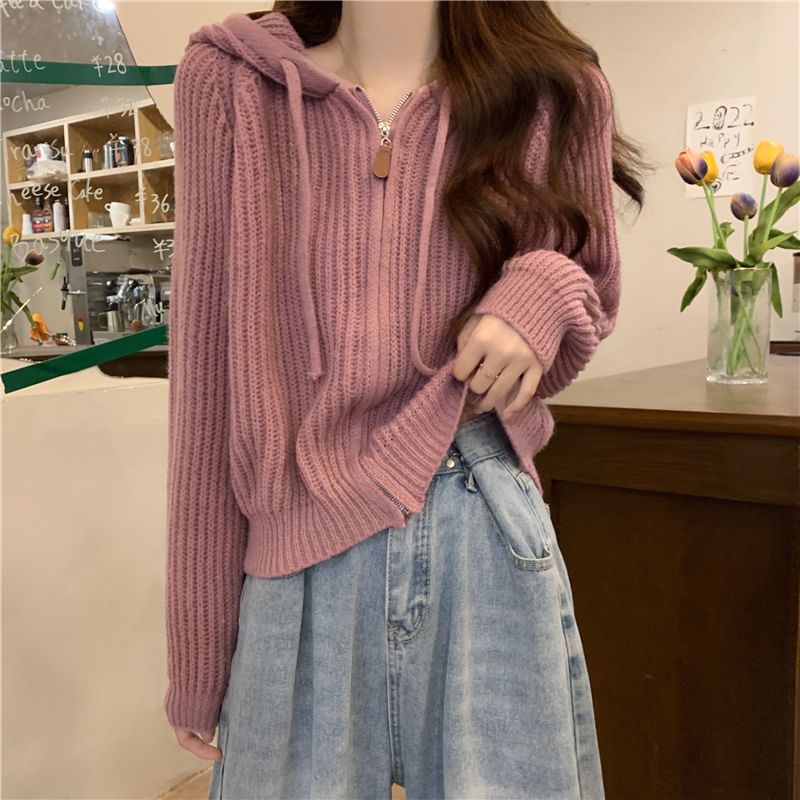 Hooded Ribbed Zip Cardigan