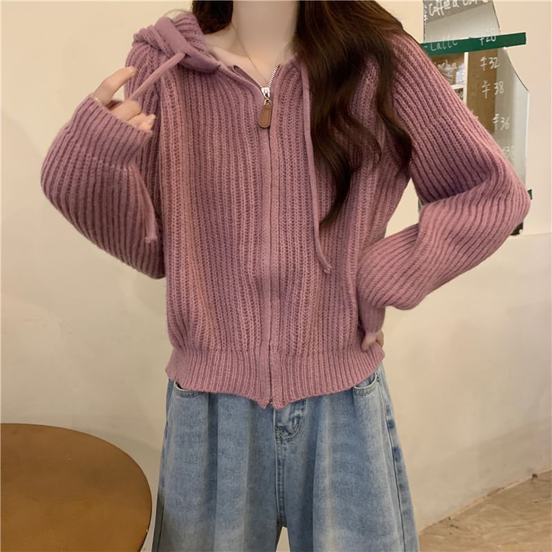 Hooded Ribbed Zip Cardigan