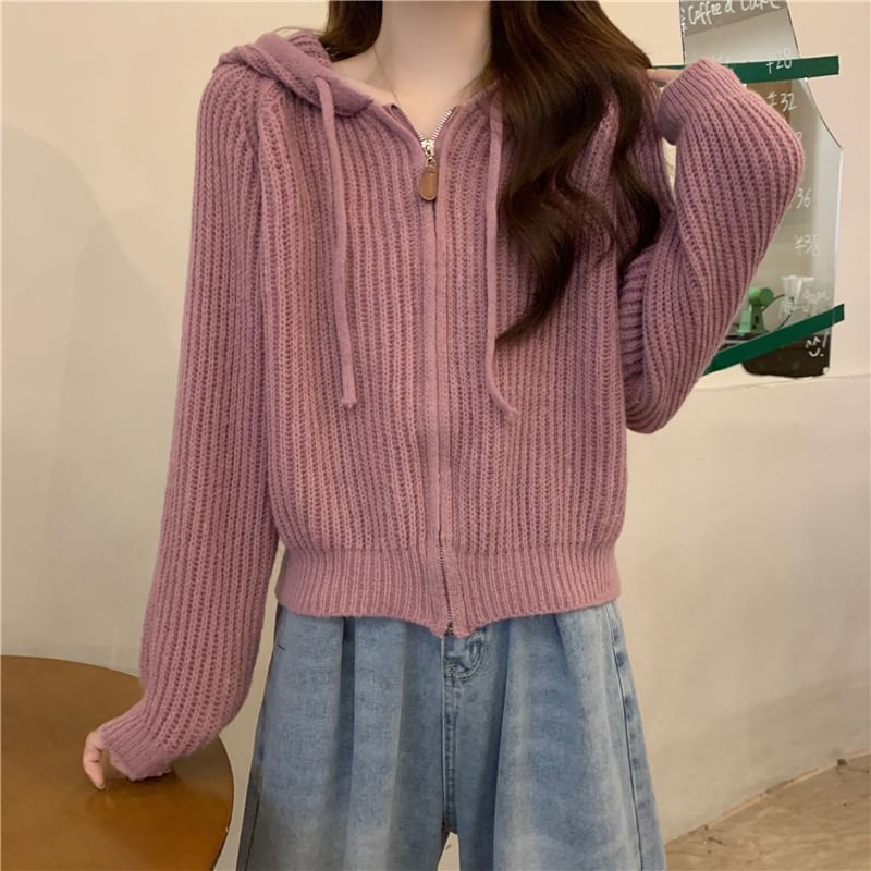 Hooded Ribbed Zip Cardigan