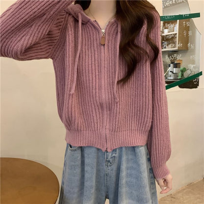 Hooded Ribbed Zip Cardigan