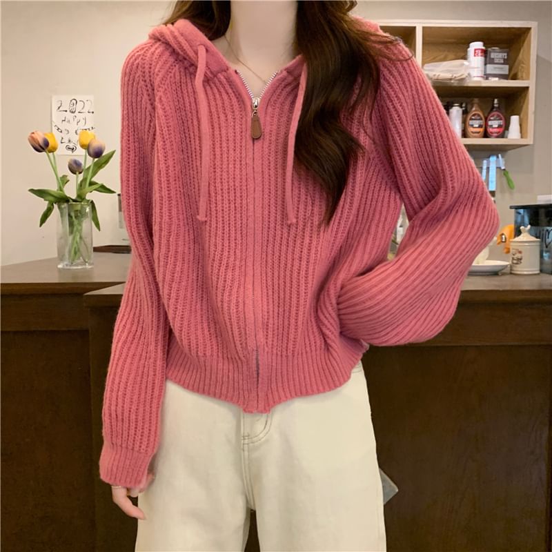 Hooded Ribbed Zip Cardigan