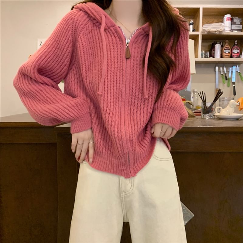 Hooded Ribbed Zip Cardigan