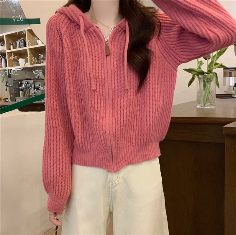 Hooded Ribbed Zip Cardigan