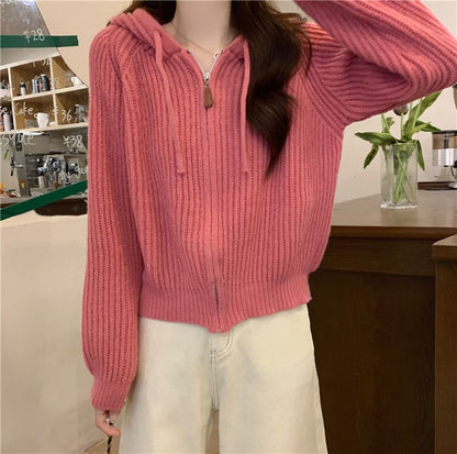 Hooded Ribbed Zip Cardigan