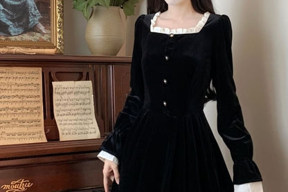 Long Sleeve Square Neck Frill Mock Two Piece Velvet Midi A-Line Dress