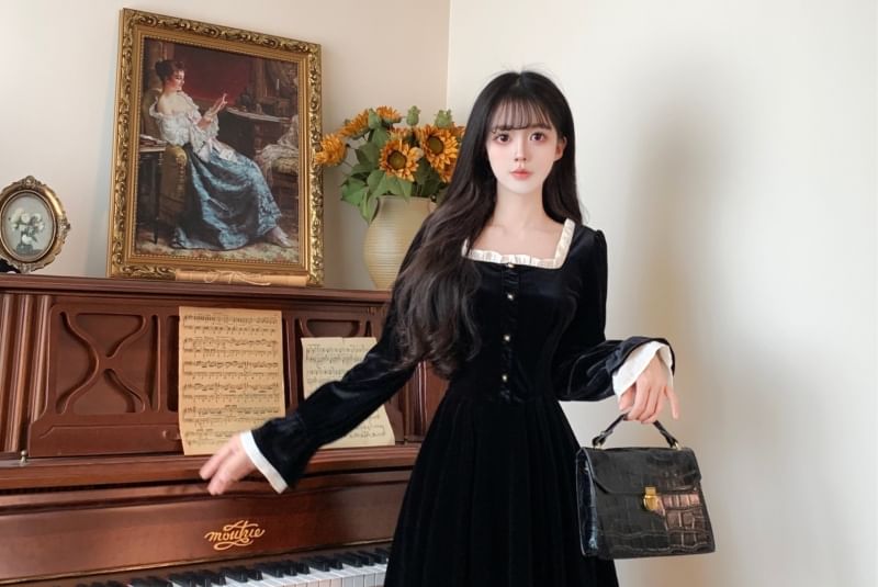 Long Sleeve Square Neck Frill Mock Two Piece Velvet Midi A-Line Dress