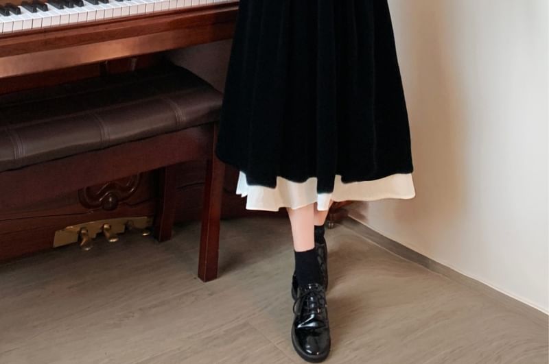 Long Sleeve Square Neck Frill Mock Two Piece Velvet Midi A-Line Dress