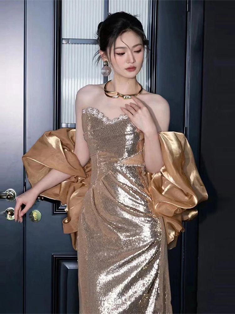 Gown Sheath Evening Sequin Strapless