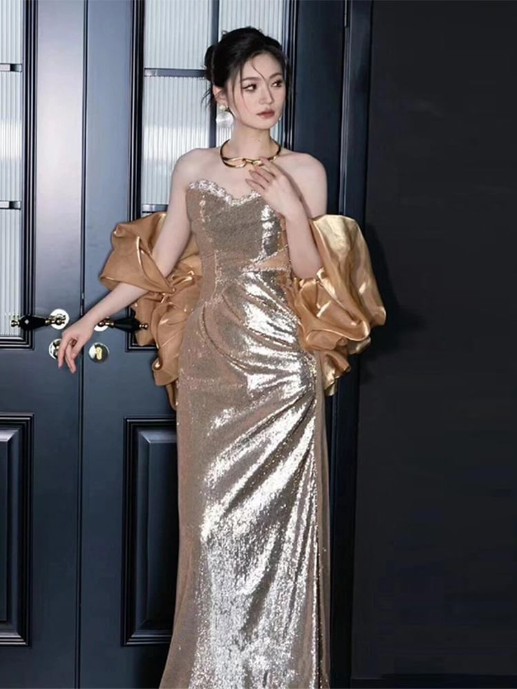 Gown Sheath Evening Sequin Strapless