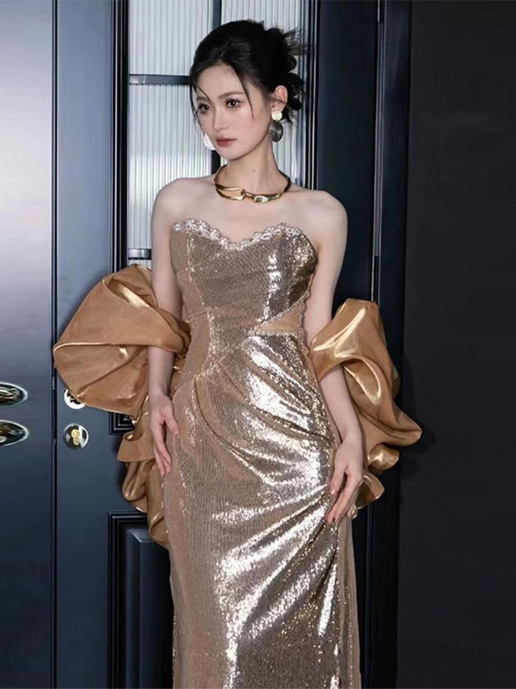 Gown Sheath Evening Sequin Strapless