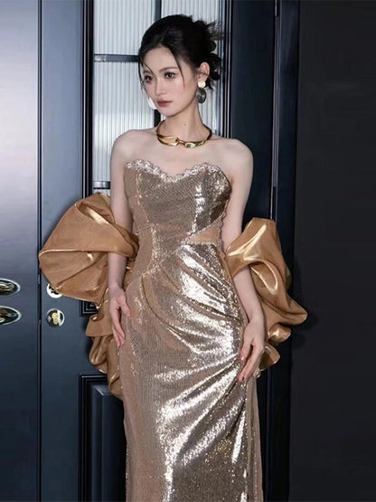 Gown Sheath Evening Sequin Strapless