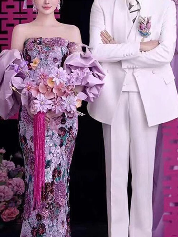 Gown Strapless Evening Mermaid Sequin Floral