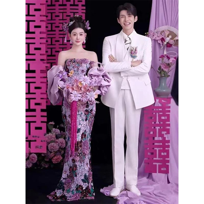 Gown Strapless Evening Mermaid Sequin Floral