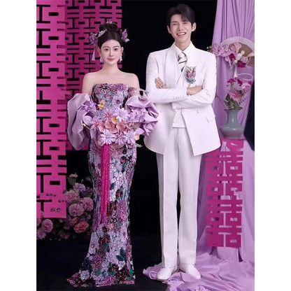 Gown Strapless Evening Mermaid Sequin Floral