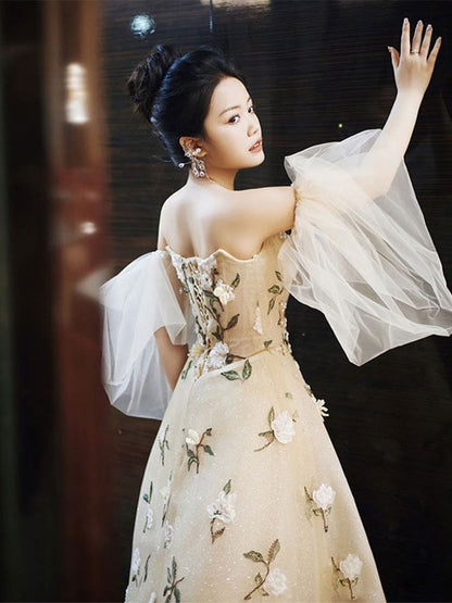 A-Line Strapless Embroidered Evening Gown Floral