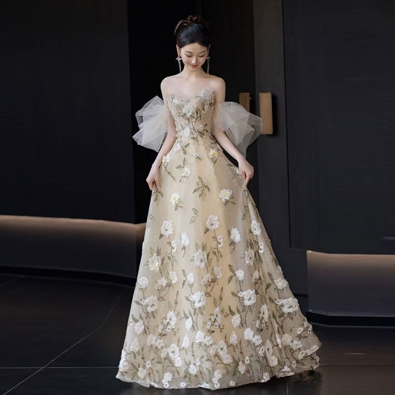 A-Line Strapless Embroidered Evening Gown Floral