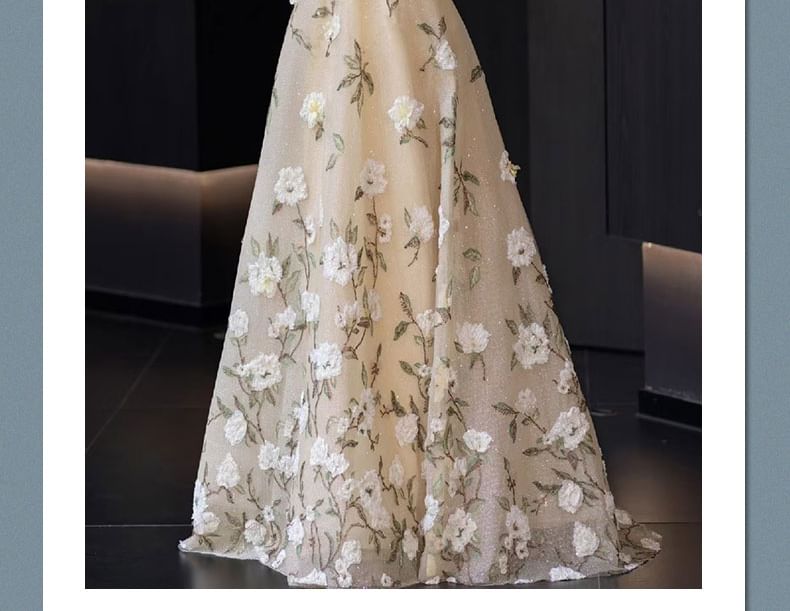 Strapless Floral Embroidered A-Line Evening Gown