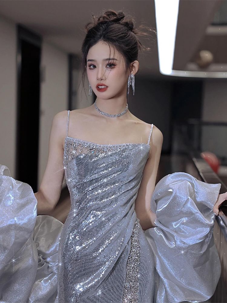 Spaghetti Strap Gown Mermaid Evening Sequin