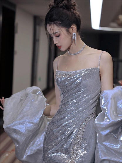 Spaghetti Strap Sequin Mermaid Evening Gown