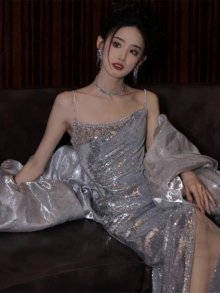 Spaghetti Strap Sequin Mermaid Evening Gown