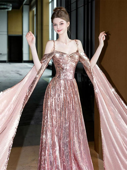 A-Line Gown Cape-Sleeve Sequin Cold-Shoulder Evening