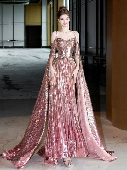 A-Line Gown Cape-Sleeve Sequin Cold-Shoulder Evening