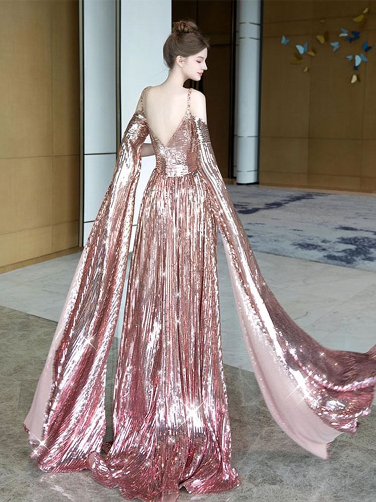 A-Line Gown Cape-Sleeve Sequin Cold-Shoulder Evening