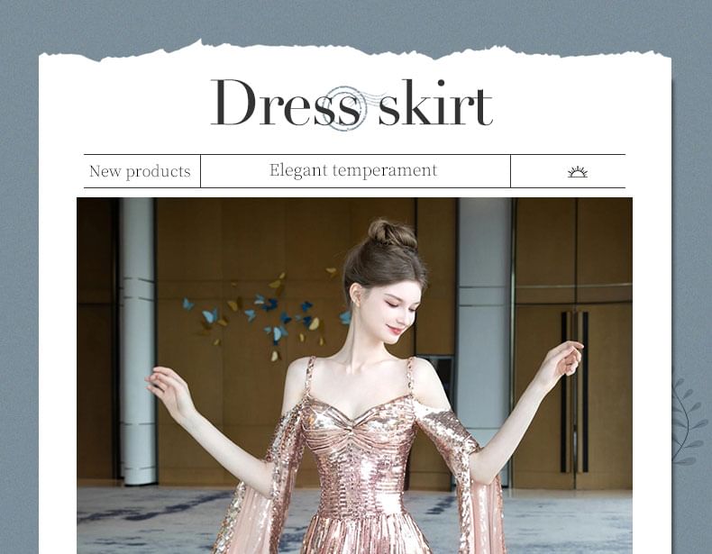 A-Line Gown Cape-Sleeve Sequin Cold-Shoulder Evening