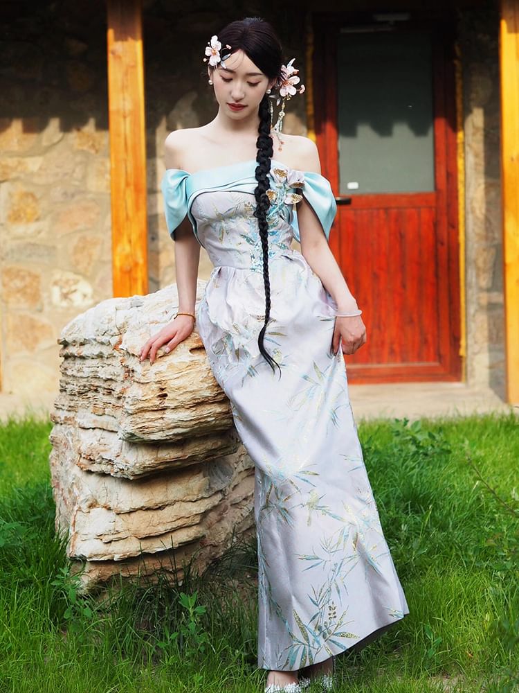 Floral Evening Sheath Off-Shoulder Gown Sleeveless Sequin