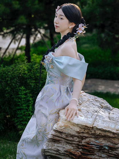 Floral Evening Sheath Off-Shoulder Gown Sleeveless Sequin