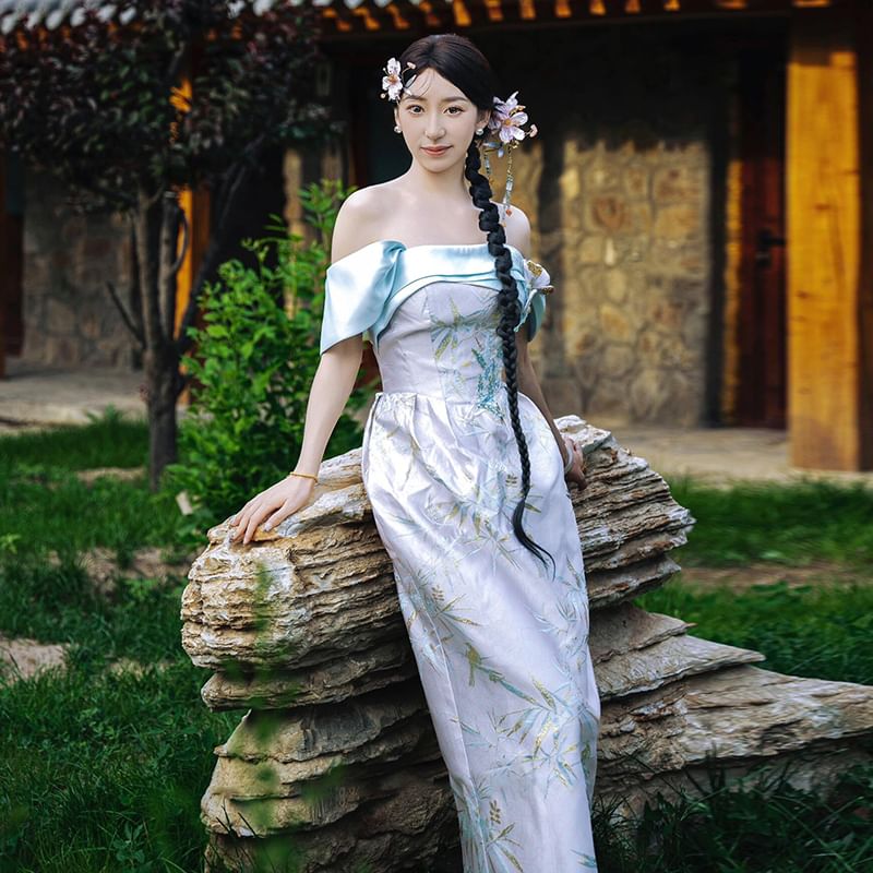 Floral Evening Sheath Off-Shoulder Gown Sleeveless Sequin