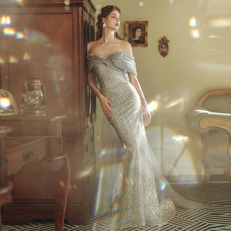 Off-Shoulder Sequin Mermaid Evening Gown