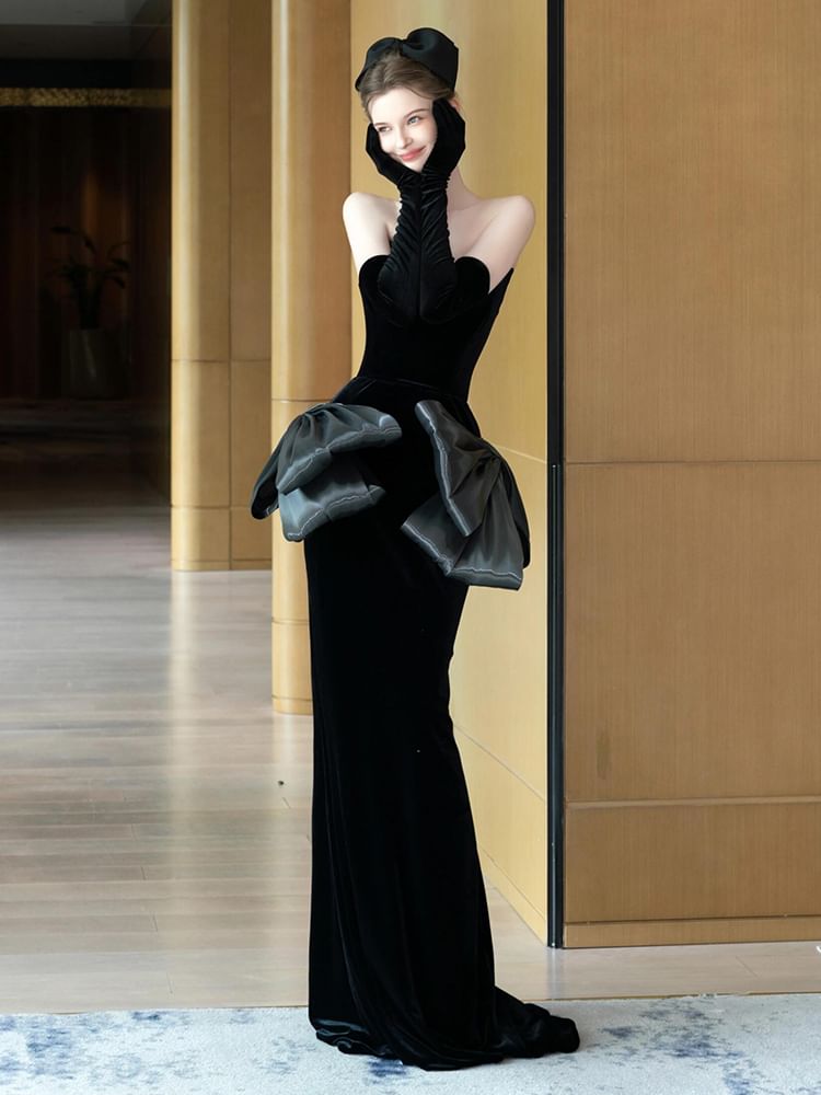 Strapless Plain Bow Sheath Evening Gown