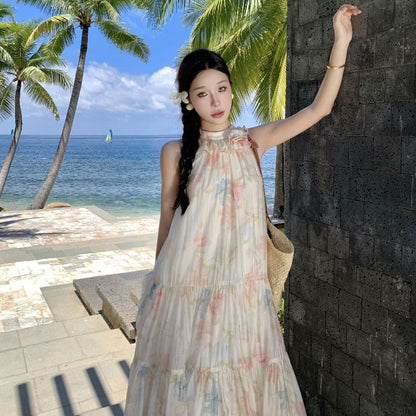 Sleeveless Halter Floral Tiered Midi A-Line Sundress