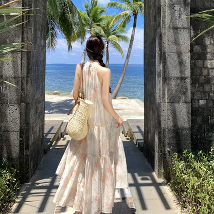 Sleeveless Halter Floral Tiered Midi A-Line Sundress