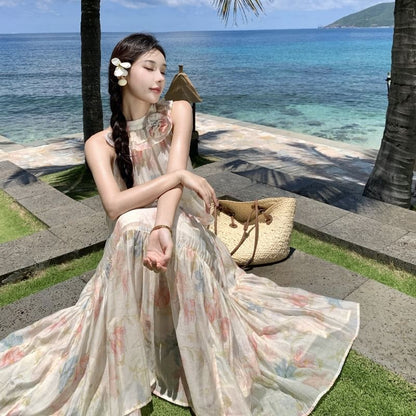 Sleeveless Halter Floral Tiered Midi A-Line Sundress