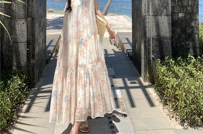 Sleeveless Halter Floral Tiered Midi A-Line Sundress