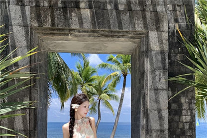 Sleeveless Halter Floral Tiered Midi A-Line Sundress