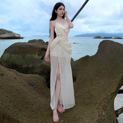 Spaghetti Strap Knot Lace Panel Slit Maxi Sheath Dress