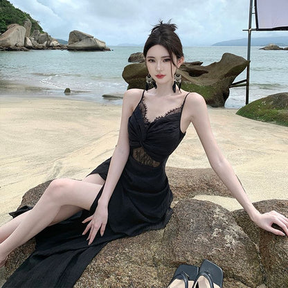 Spaghetti Strap Knot Lace Panel Slit Maxi Sheath Dress