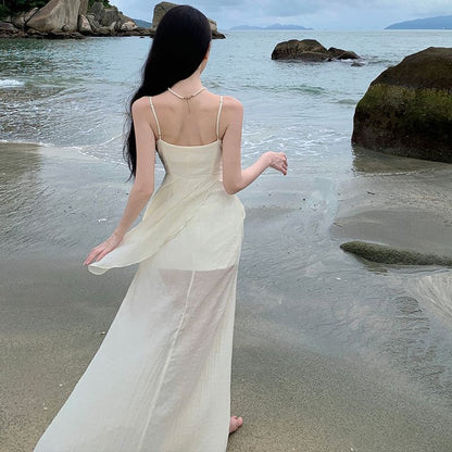 Spaghetti Strap Knot Lace Panel Slit Maxi Sheath Dress