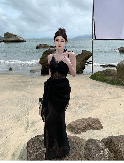 Spaghetti Strap Knot Lace Panel Slit Maxi Sheath Dress