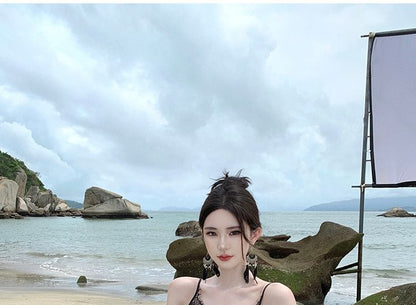 Spaghetti Strap Knot Lace Panel Slit Maxi Sheath Dress